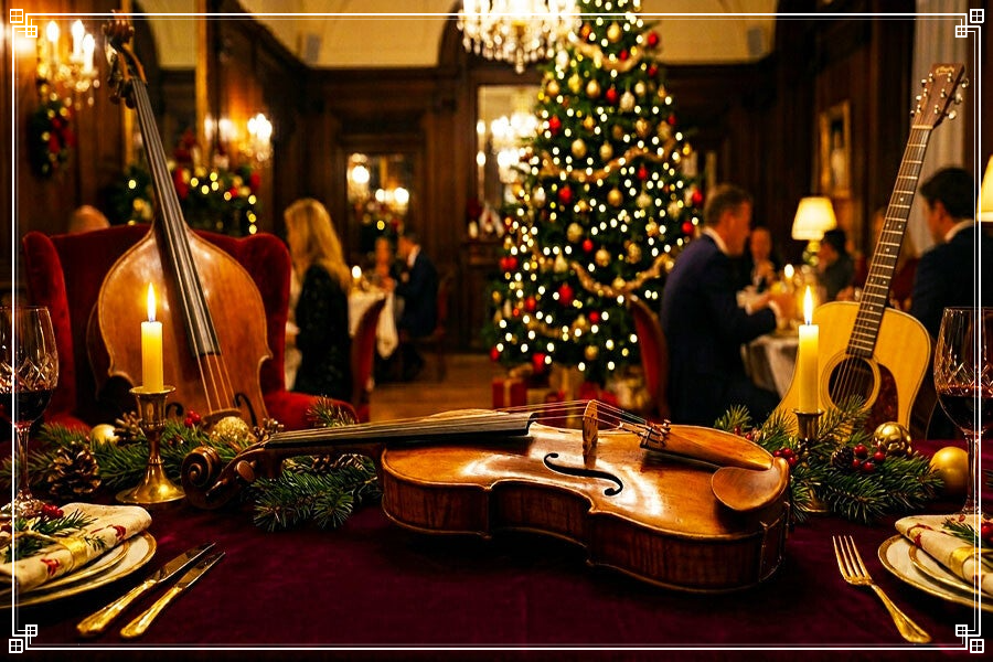 Live muziek tijdens een sfeervol kerstdiner in een restaurant met viool, contrabas en gitaar op de voorgrond
