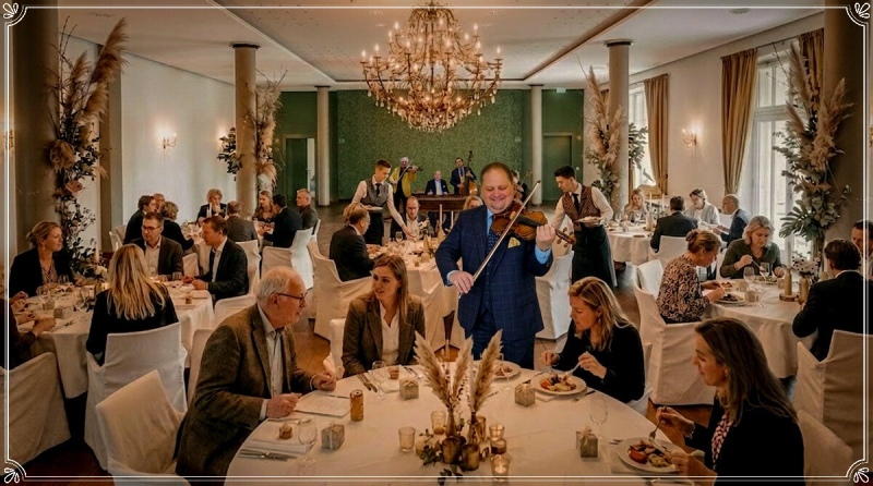 Hongaars zigeunerorkest speelt live muziek tijdens een stijlvol bedrijfsfeest terwijl de violist tussen de gasten loopt