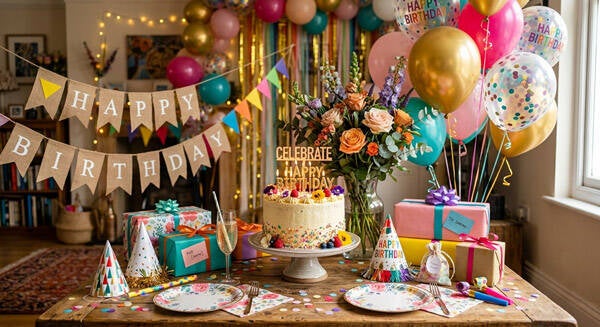 Elegante feestdecoratie voor een jubileum en verjaardag met ballonnen, bloemen en een verjaardagstaart op een houten tafel.