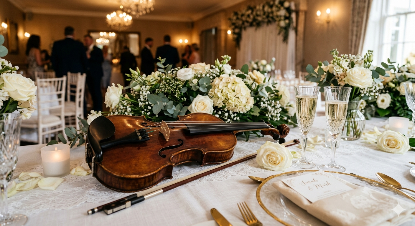 Sfeervolle detailfoto van een viool met strijkstok en bloemen op de tafel tijdens een receptie