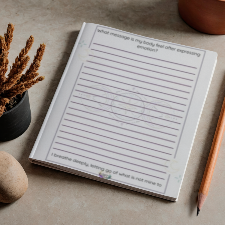 A spiritual or emotional processing journal, open to a lined entry page with gentle prompt text. The page design includes soft purple lines and faint mystical symbols. The scene has a calm, earthy aesthetic with a pencil and natural elements