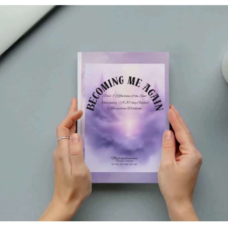 A person holds up a self-help or reflective journal with the prominent title becoming me again