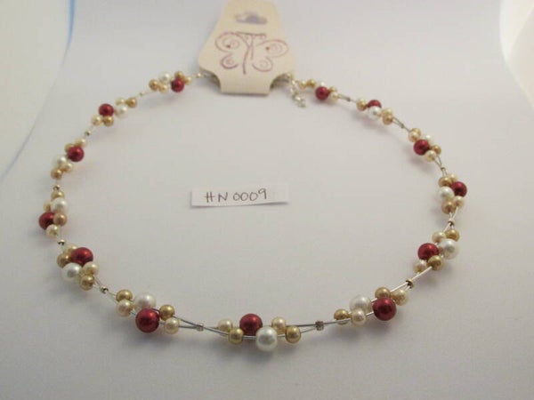 Halo Necklace-Red/Gold and White Glass Pearls