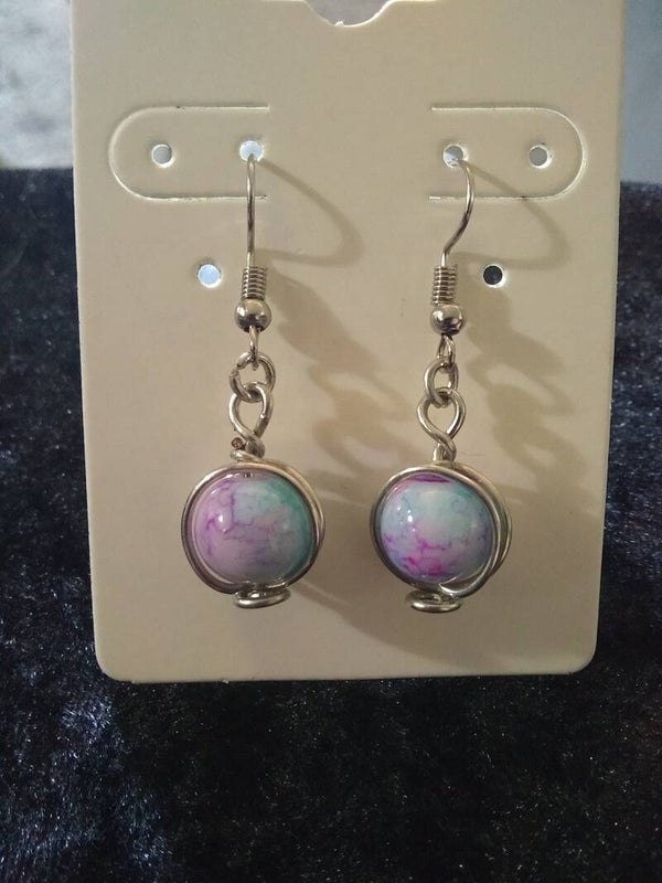 Wire Wrapped Earrings-Pink and Purple acrylic bead