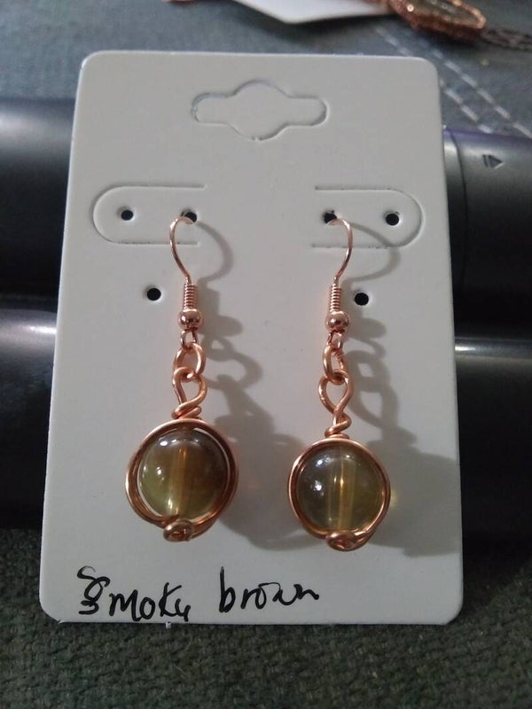 Wire Wrapped Earrings-Smoky Brown beads in Copper