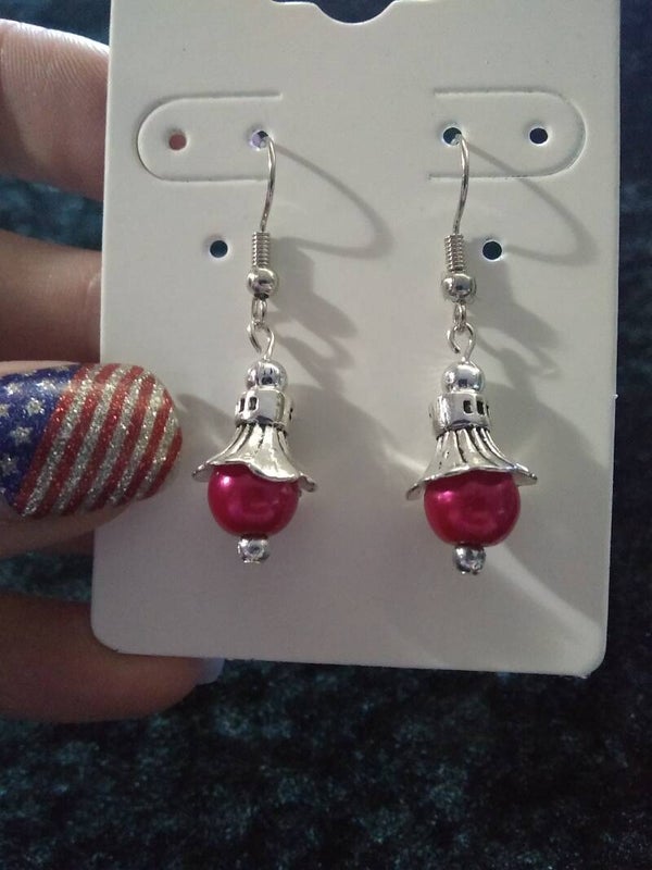 Bell Flower Earrings-Red Glass Pearl