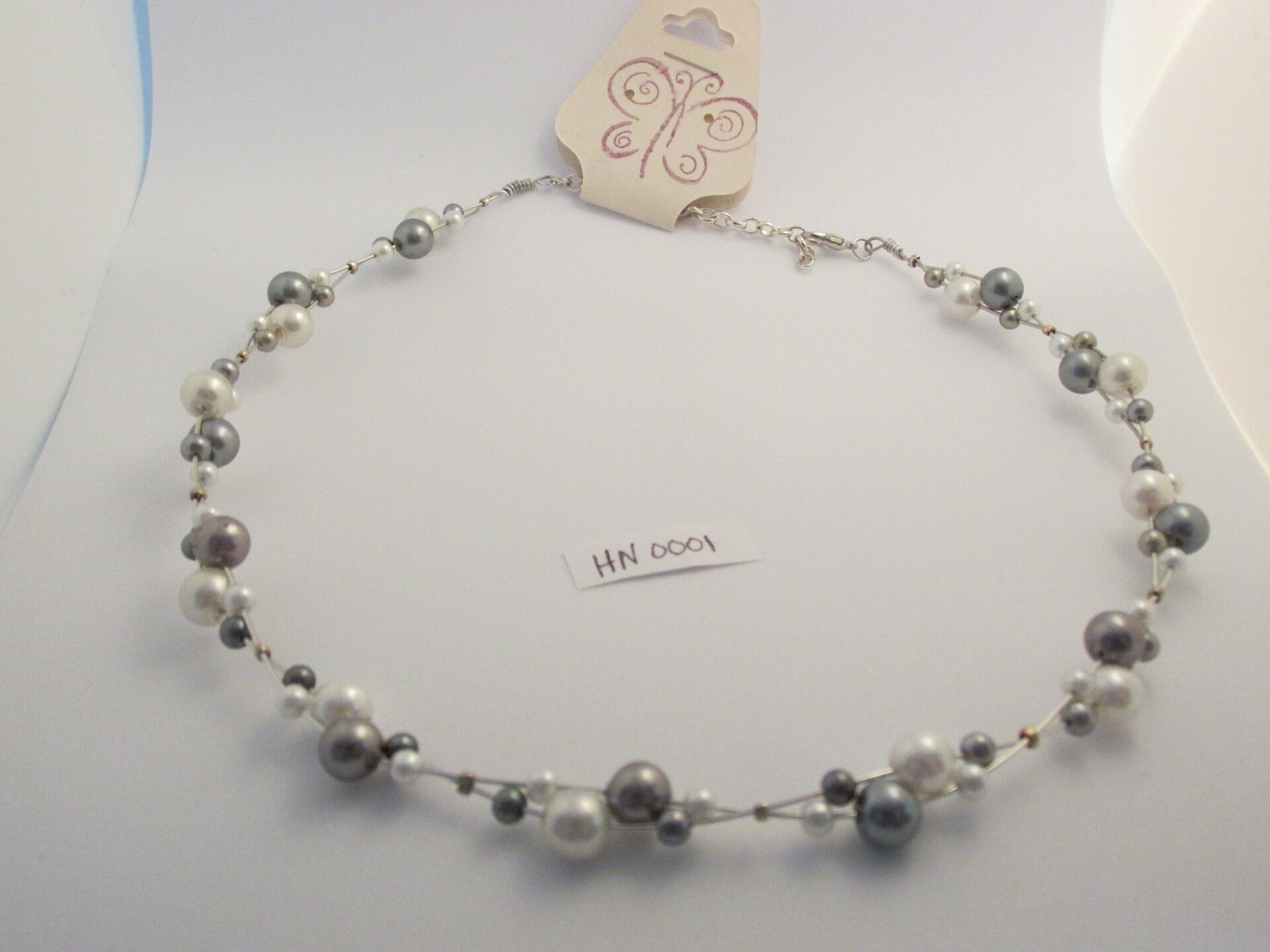 Halo Necklace-Silver Gray and White Glass Pearls