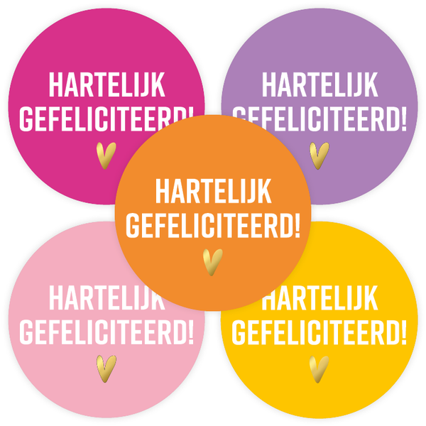 Stickers Hartelijk gefeliciteerd + hart 5 varianten (10 stickers)