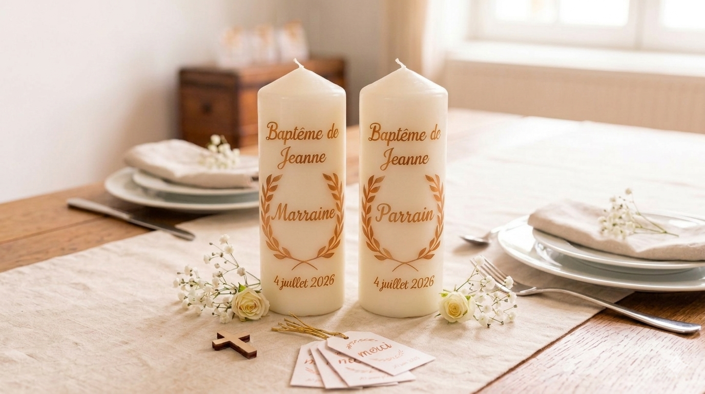 Lot de 2 bougies personnalisées pour baptême parrain et marraine.