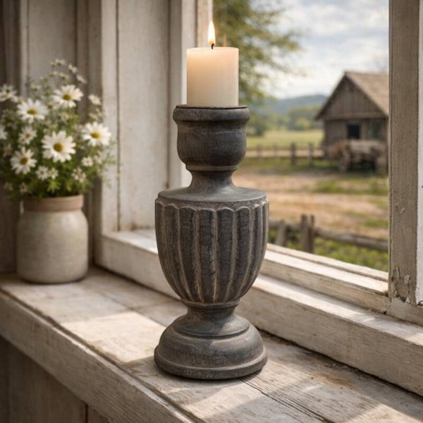 Houten kaarsen kandelaar Greywashed - Ribbel