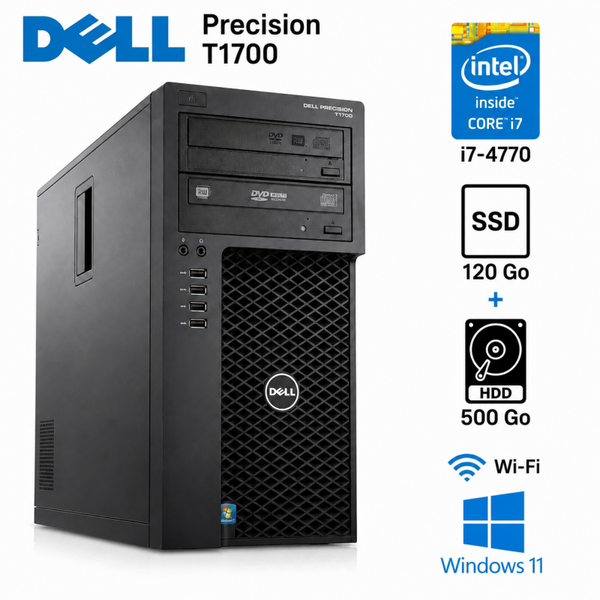 Dell Precision T1700 Intel Core i7-4770 – 16 Go RAM – SSD 120 Go – HDD 500 Go – Wi-Fi – Windows 11 Pro