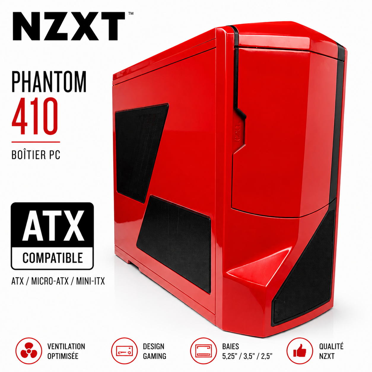 🖥️ Boîtier PC NZXT Phantom 410 Rouge – Rétro Gaming – ATX – Très bon état