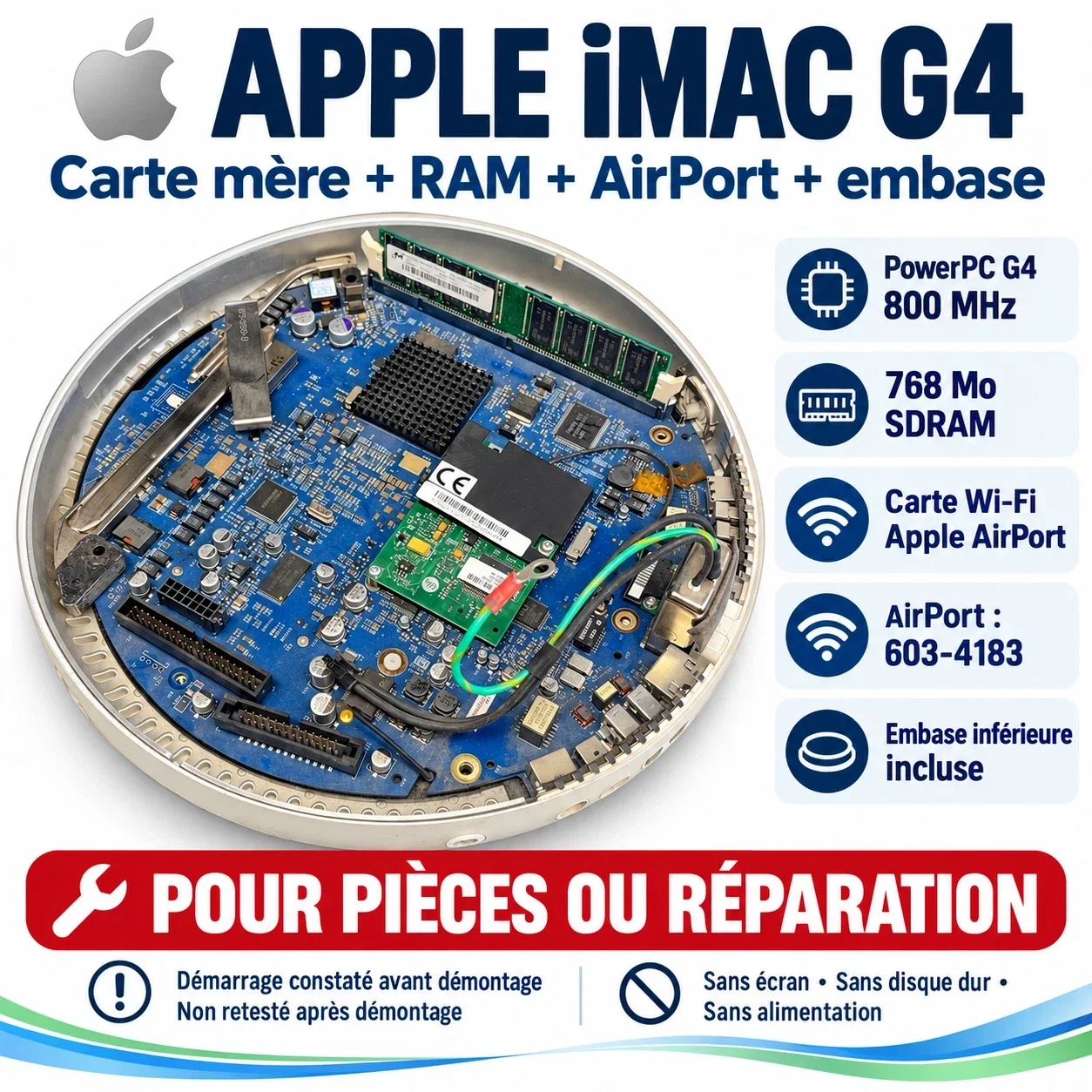 Apple iMac G4 Tournesol – Carte mère G4 800 MHz, 768 Mo RAM, AirPort et embase