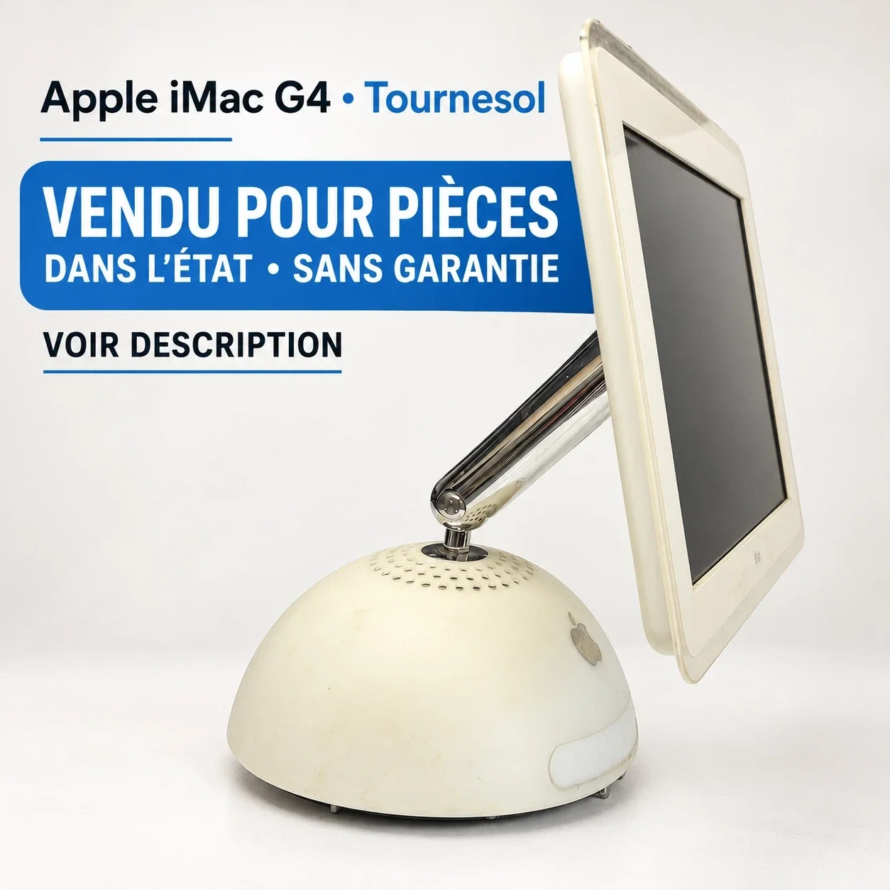 Apple iMac G4 « Tournesol » vendu incomplet, en l’état et pour pièces ou réparation.