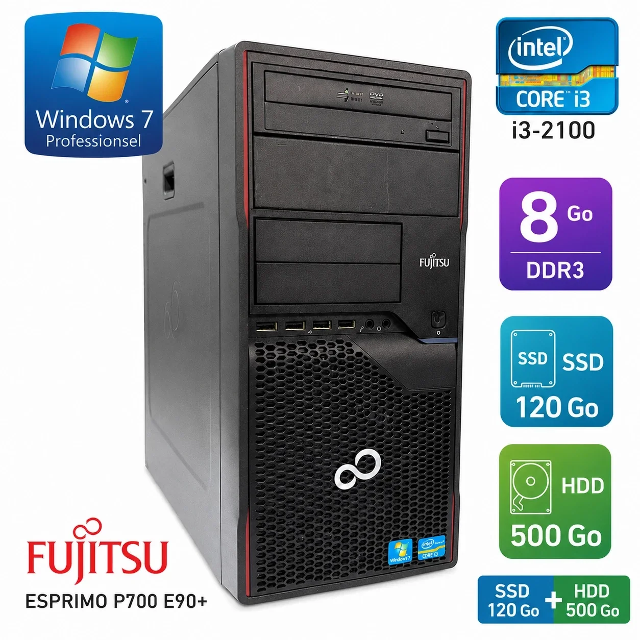 Fujitsu Esprimo P700 E90+ – Windows 7 Pro – SSD 120 Go + HDD 500 Go