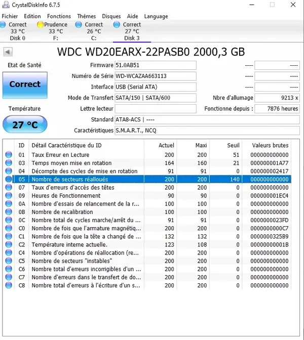 DISQUE DUR WESTERN DIGITAL 2.0TB /SATA /64 MB / WD20EARX formaté et testé