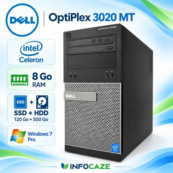 Dell OptiPlex 3020 MT – Celeron – 8 Go RAM – SSD 120 Go + HDD 500 Go – Windows 7 Pro