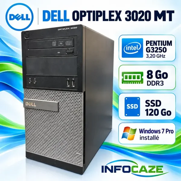 Dell OptiPlex 3020 MT – Pentium G3250 – 8 Go DDR3 – SSD 120 Go – Windows 7 Pro