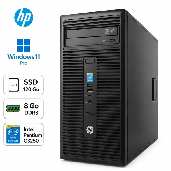 HP 280 G1 MT Pentium G3250 8Go DDR3 SSD 120Go Windows 11 Pro PC Bureau