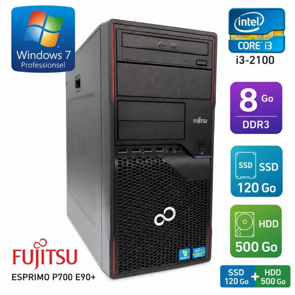 Fujitsu Esprimo P700 E90+ – Windows 7 Pro – SSD 120 Go + HDD 500 Go