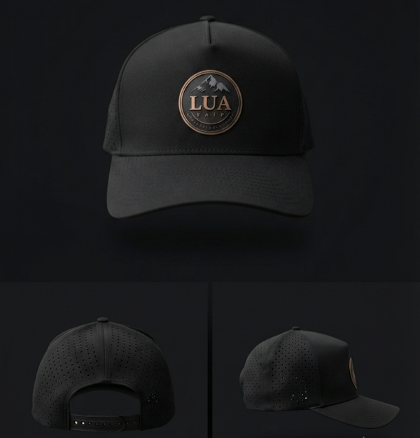 Black Laser Cut Mesh snap back hat - LUA design - Black/Gold- Water resistant sports hat