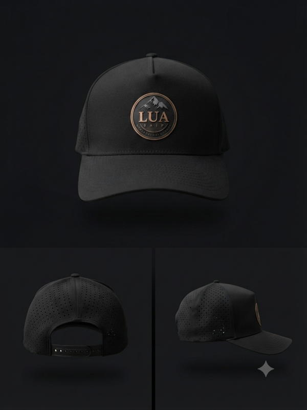 Black Laser Cut Mesh snap back hat - LUA design - Black/Gold- Water resistant sports hat