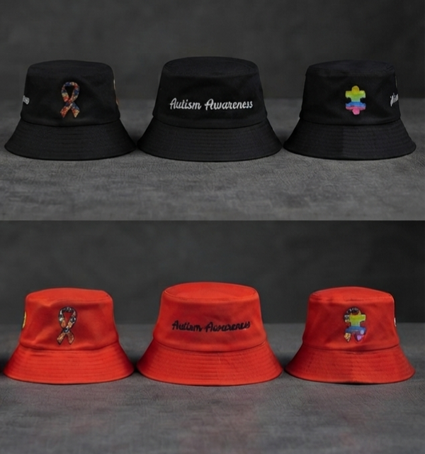 Autism Awareness Buckets Hats - Ribbon/Awareness with Puzzle piece on side,10% proceeds get donated