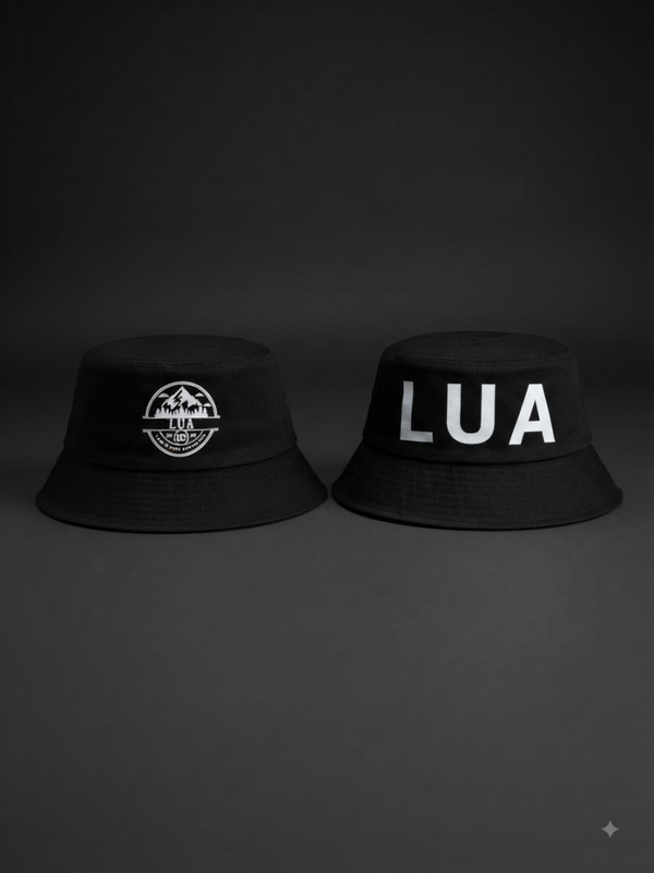 Bucket Hat Black - White LUA logo - Large LUA - Double sided - designs on both sides