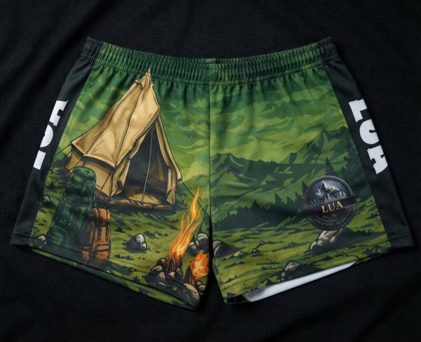 Footy Style Shorts - Camping design with Zip up pockets
