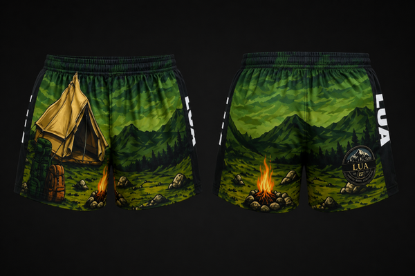 Footy Style Shorts - Camping design with Zip up pockets