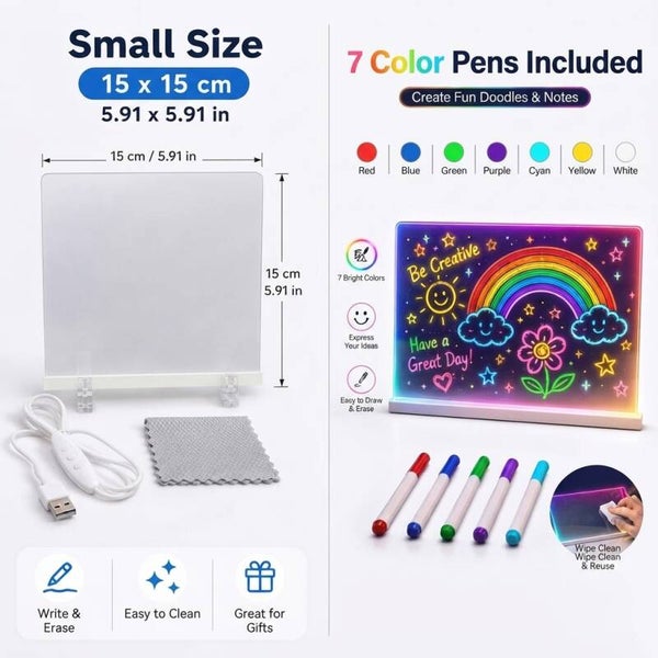 15cm LED message/Drawing board clear - with 7 coloured pens - USB cord supplied - 2 x feet supplied
