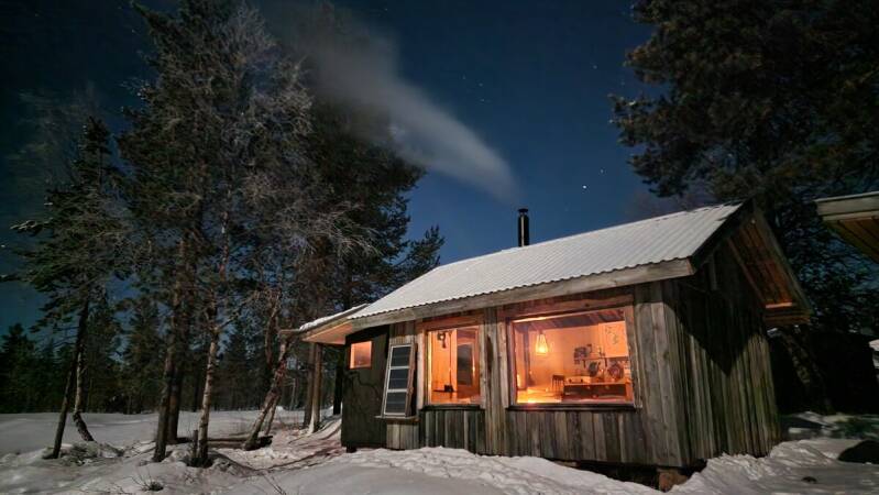 Wilderness cabin at night near Ivalo, Lapland