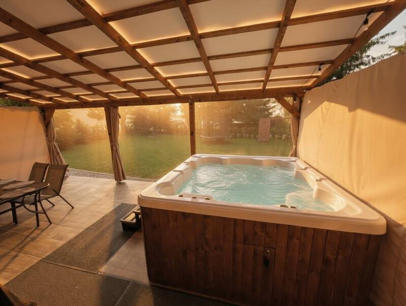 Cieple jacuzzi na tarasie w domku Urocza Kryjówka ze SPA 