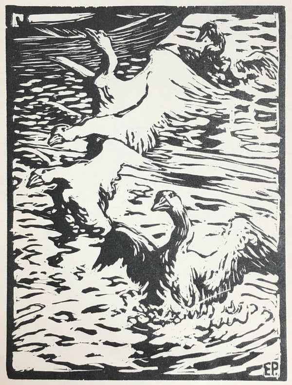 Emil Pottner Houtsnede 'Ganzen' ~1914