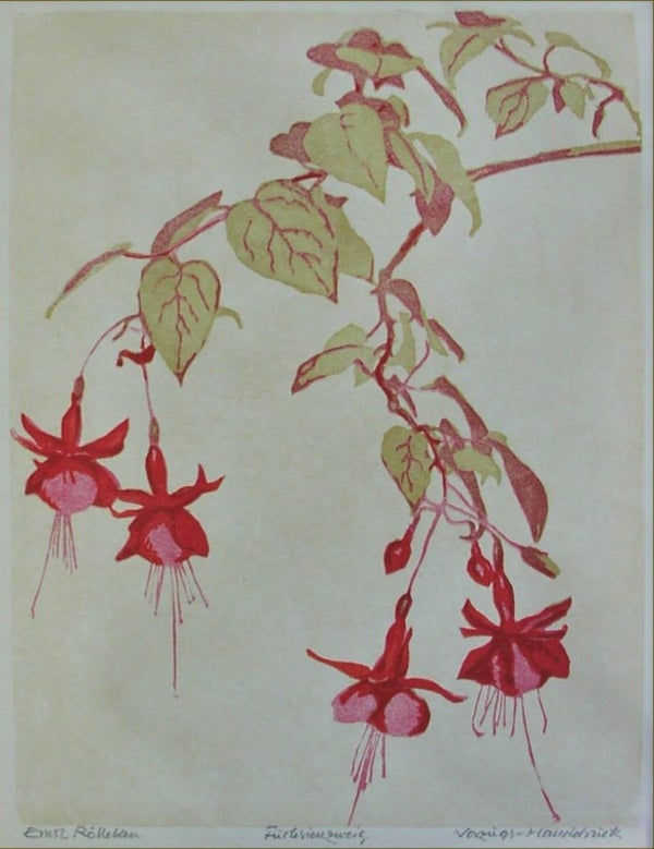 Ernst Rötteken Kleurenhoutsnede 'Fuchsia' ~1930  Gesigneerd