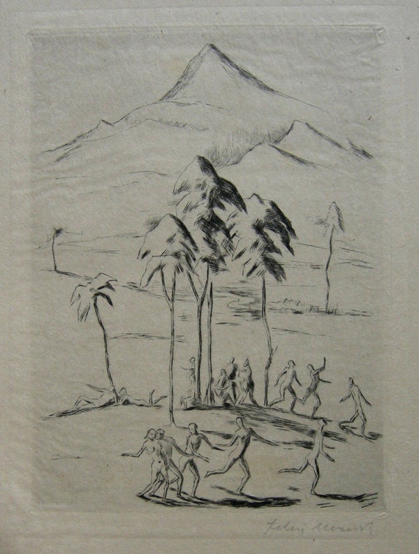 Felix Meseck Ets (droge naald) 'Landschap met dansende mensen' ~1920  Gesigneerd