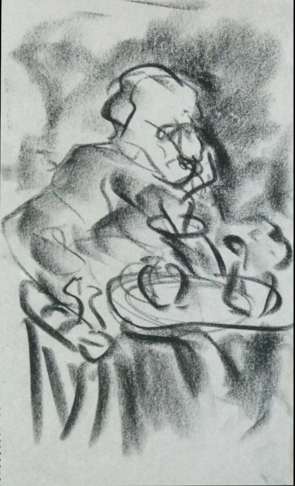 Friedrich Einhoff (1901-1988 Germany)  Tekening (houtskool) 'Man aan tafel' ~1925