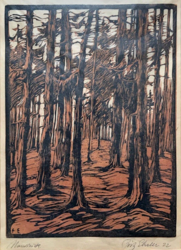 Fritz Ehrler Kleurenhoutsnede 'Dennenwoud / Im Kiefernwald' 1922  Gesigneerd