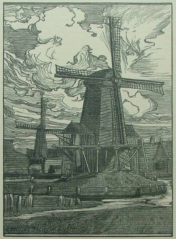 Jacobus Gerardus Veldheer Houtsnede 'Molens bij Nieuwendam' 1898