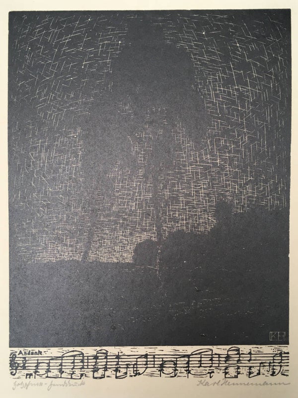 Karl Hennemann Houtsnede ‘Bomen bij nacht - Serenade Christian Linding’ ~1920  Gesigneerd