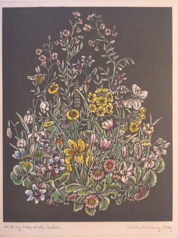 Kathe Haseney Kleurenhoutsnede 'Boeket' ~1925 Gesigneerd