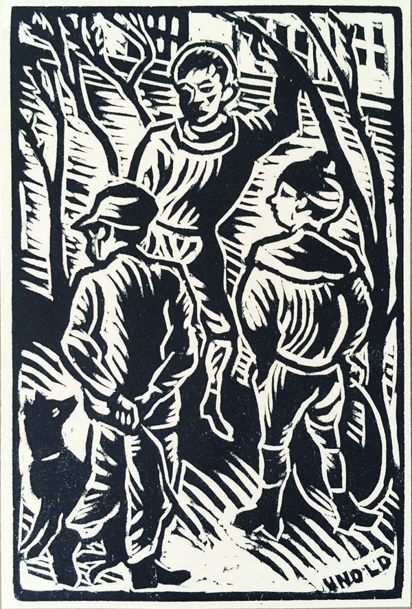 Max Unold Houtsnede 'Jongens met hond' ~1925