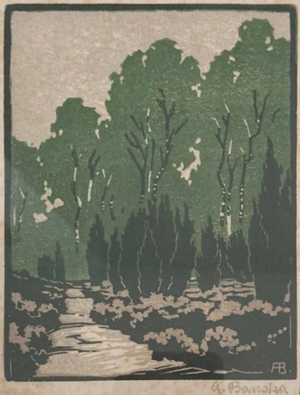 Albert Banska Kleurenhoutsnede 'Bos en heide met Jeneverbessen' circa 1925 Gesigneerd
