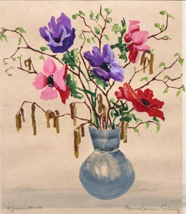 Marlies Meinshausen-Felsing Kleurenhoutsnede 'Annemonen met berkenkatjes' ~1925  Gesigneerd