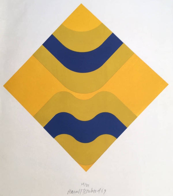Hans Rudolf Bosschard  Kleurenhoutsnede 'Composition with yellow and blue' 1969  Gesigneerd