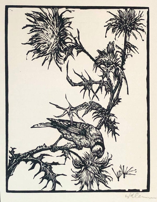 Walther Klemm Houtsnede 'Distelvink', ~1920  Gesigneerd