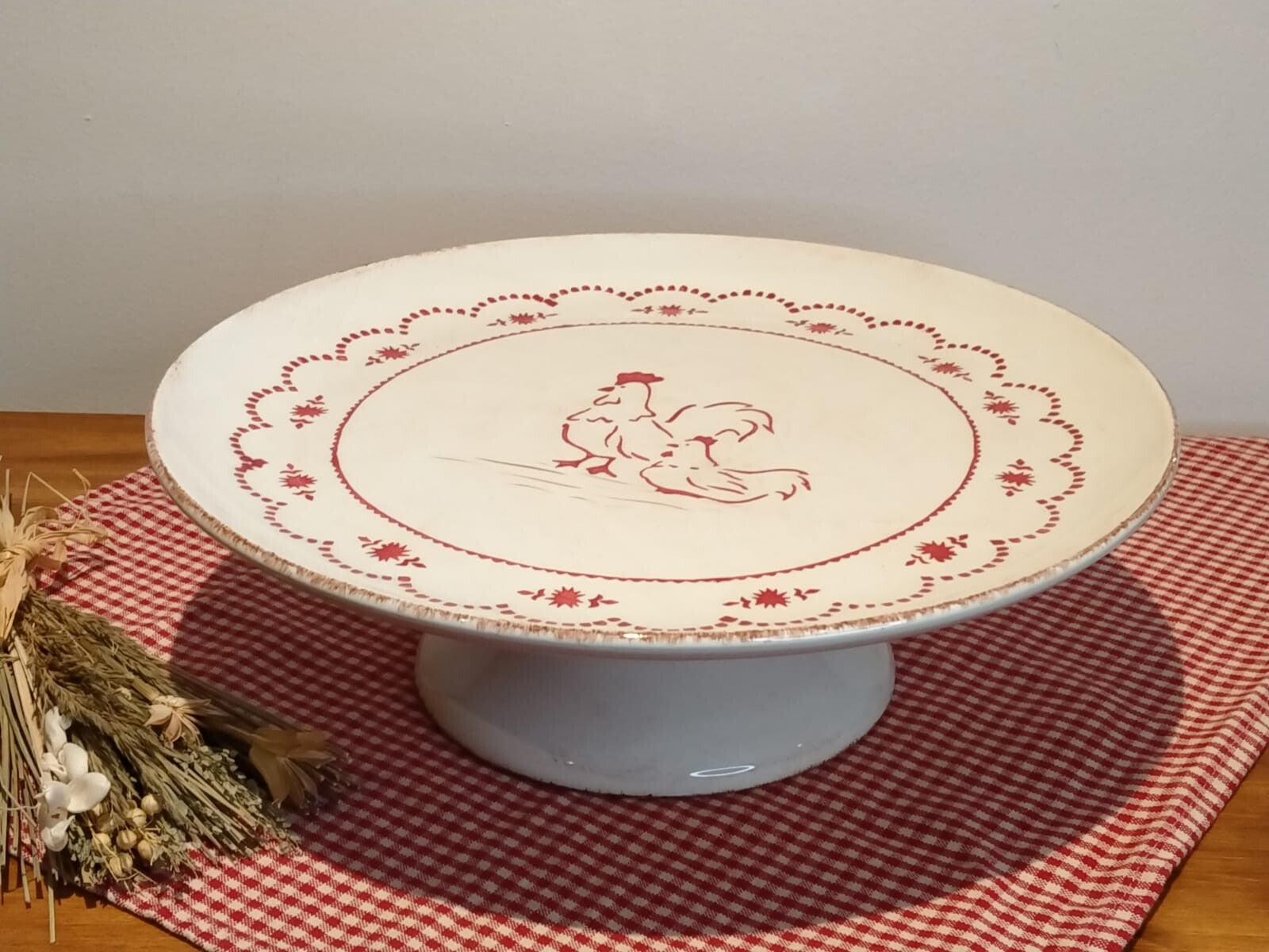 Plat à gâteau sur pied coq et poule
