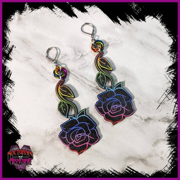 Black Rainbow Rose Earrings