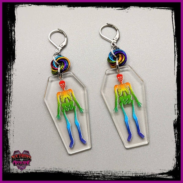 Rainbow Skeleton Coffin Earrings