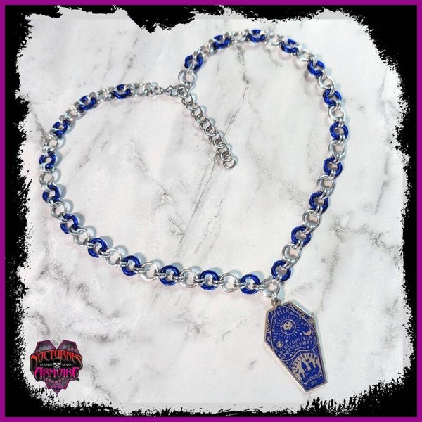 Blue Ouija Coffin Chainmaille Necklace